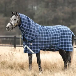 Horseware - Couverture d'extérieur Rhino plus Vari Layer avec couvre-cou marine à carreaux/ indigo 450g